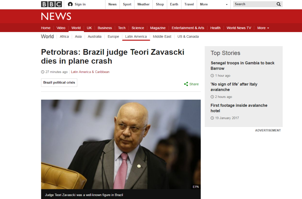 Morte de Teori Zavascki é destaque na imprensa internacional