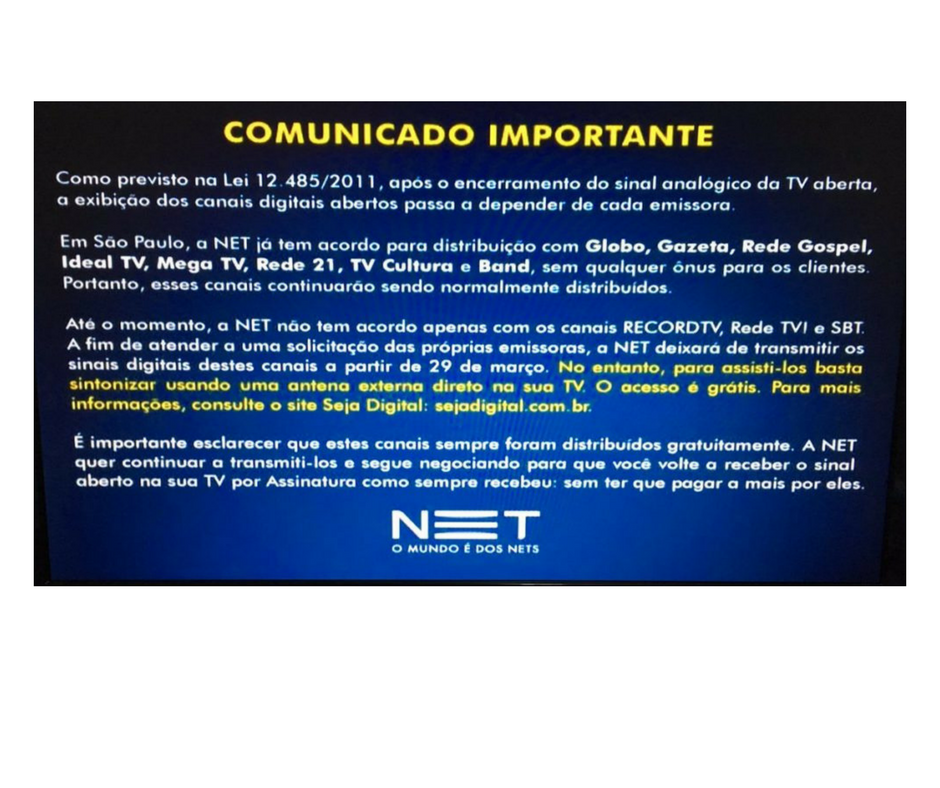 SP: NET e Claro anunciam corte de sinal de SBT, Record e RedeTV!