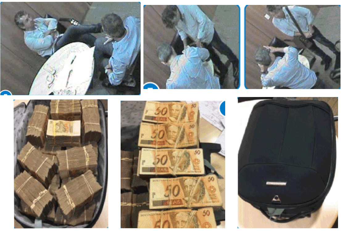 Esquerda em cima: Ricardo Saud e Fred conversam antes da entrega da propina. A mala continha 500 mil reais em esp&eacute;cie.