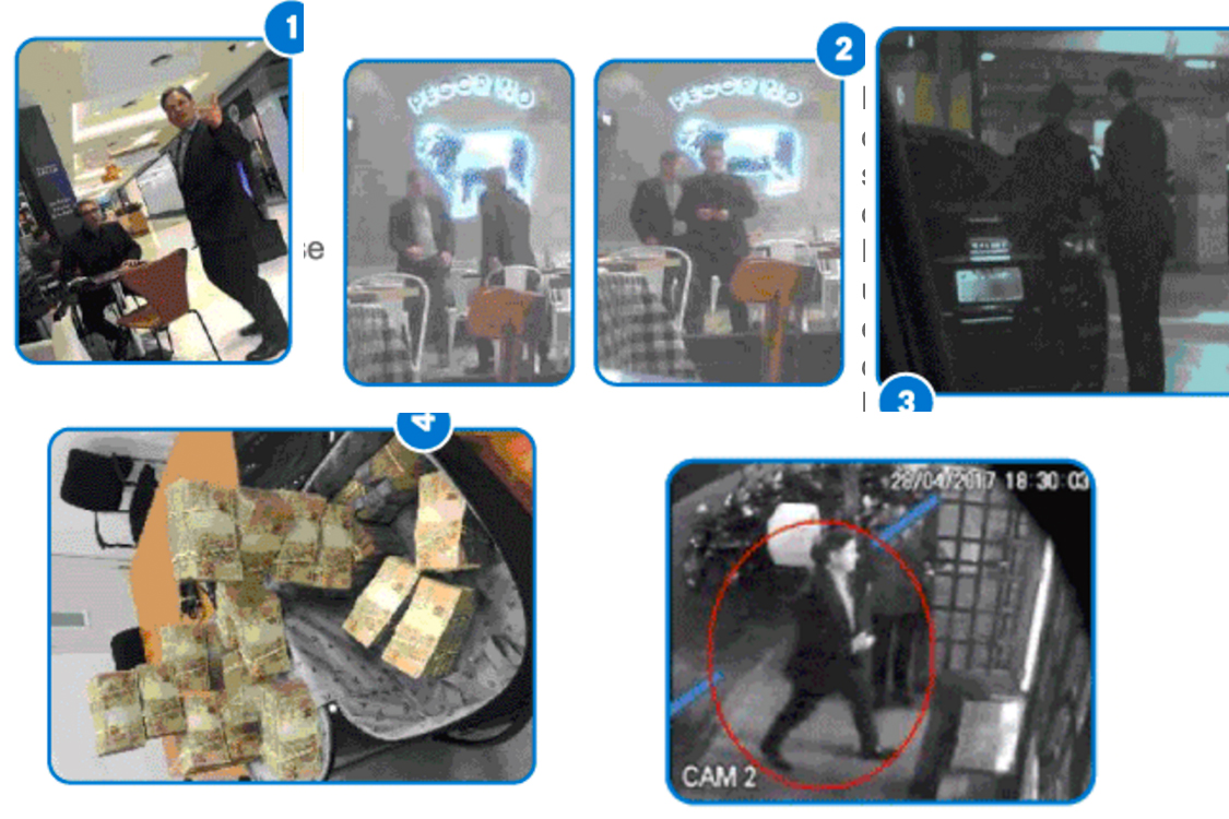 Esquerda em cima: O deputado Rodrigo Rocha Loures e Ricardo Saud se encontram em um caf&eacute; em S&atilde;o Paulo. Os dois seguem para o restaurante Pecorino. Meia hora depois, se encontram no estacionamento do Shopping Vila Ol&iacute;mpia. Saud tinha uma mala com 500 mil reais em esp&eacute;cie em seu carro. O deputado n&atilde;o pega a mala no estacionamento, segue para a pizzaria Camelo e entra no restaurante sem nenhuma mala.