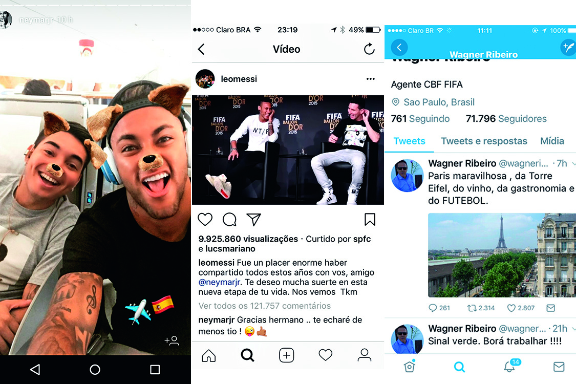 MEU MUNDO NAS REDES &ndash; Lionel Messi despediu-se do amigo com um filminho no Instagram. A caminho de Barcelona, vindo da China, Neymar ainda teve tempo de fazer tro&ccedil;a. O empres&aacute;rio Wagner Ribeiro, que se dirigia para a Catalunha, deu a senha da contrata&ccedil;&atilde;o ao publicar uma foto da Torre Eiffel no Twitter