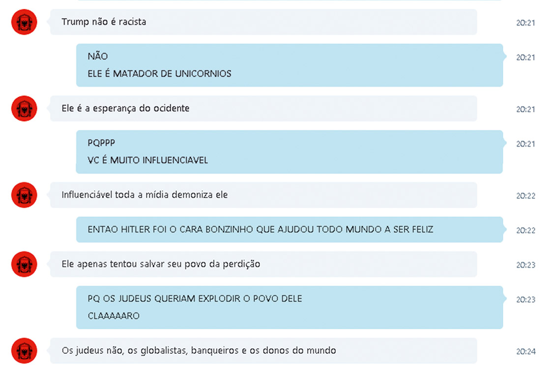 Ideias estranhas &ndash; Em conversas por Skype, o garoto (c&iacute;rculo vermelho) tenta convencer um colega de que Hitler e o nazismo foram bons para o mundo