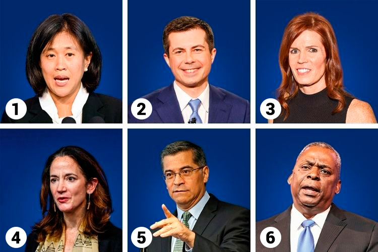 1 - Katherine Tai: Asi&aacute;tica no comando das negocia&ccedil;&otilde;es comerciais; 2 - Pete Buttigieg: Ex-prefeito gay ser&aacute; secret&aacute;rio de Transporte; 3 - Shawn Skelly: Militar trans na equipe de transi&ccedil;&atilde;o; 4 - Avril Haines: Uma mulher na chefia da Intelig&ecirc;ncia; 5 - Xavier Becerra: Latino &agrave; frente do Departamento de Sa&uacute;de; 6 - General Lloyd Austin: Primeiro secret&aacute;rio de Defesa negro -