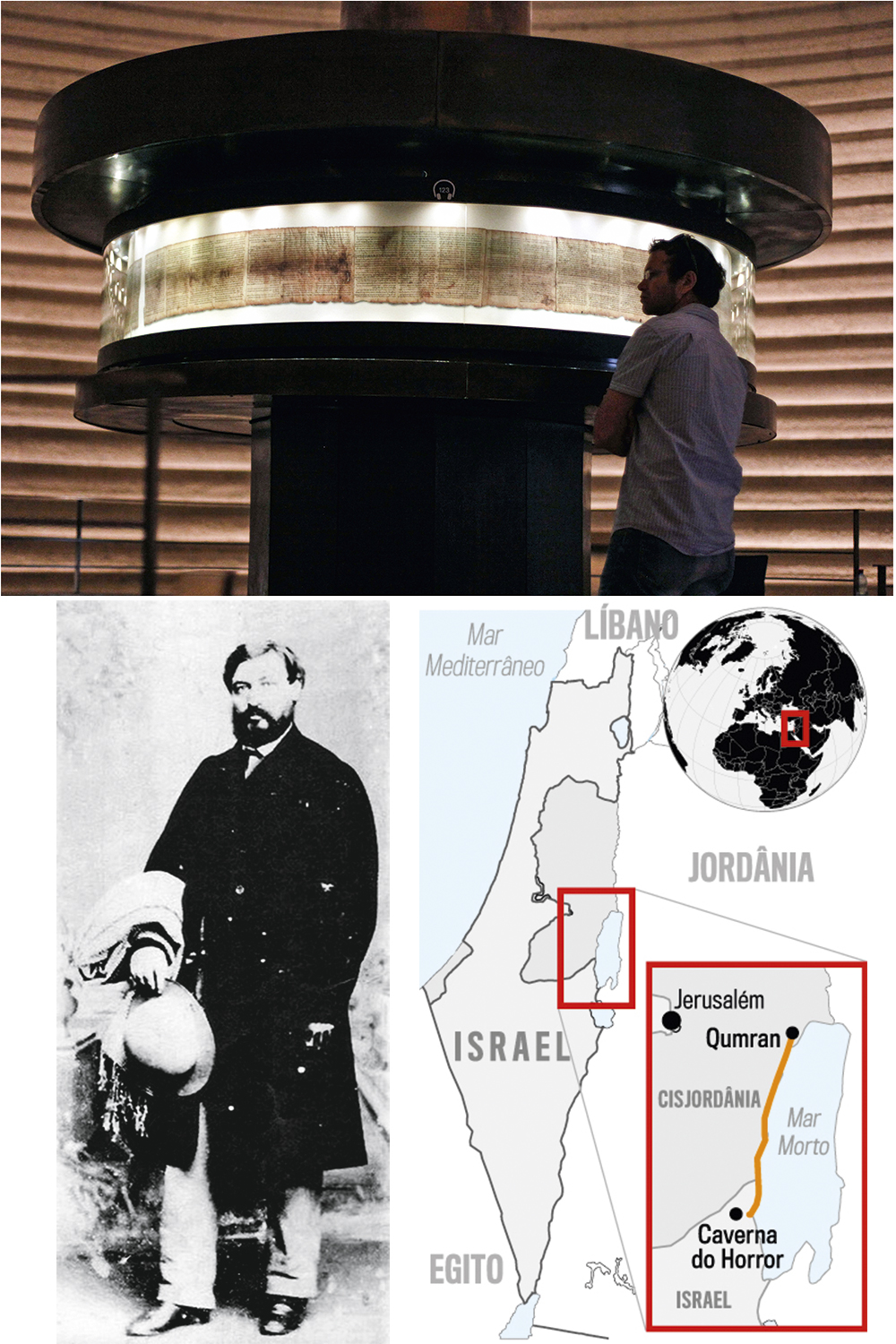 AVENTURA SEM FIM -&ensp;Reprodu&ccedil;&atilde;o dos manuscritos do Mar Morto no Santu&aacute;rio do Livro, no Museu de Jerusal&eacute;m (&agrave; cima); Moses Shapira, antiqu&aacute;rio acusado de forjar pergaminhos (&agrave; esq.); e a localiza&ccedil;&atilde;o do Deserto da Judeia e seus s&iacute;tios arqueol&oacute;gicos (&agrave; dir.): busca centen&aacute;ria por pequenos peda&ccedil;os para remontar o mapa da hist&oacute;ria da regi&atilde;o -