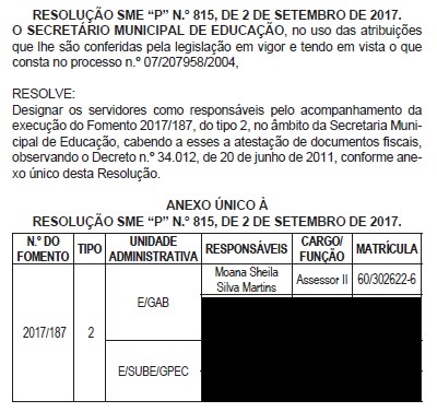 Reprodu&ccedil;&atilde;o da resolu&ccedil;&atilde;o que nomeou Moana como respons&aacute;vel por fiscalizar contratos do 