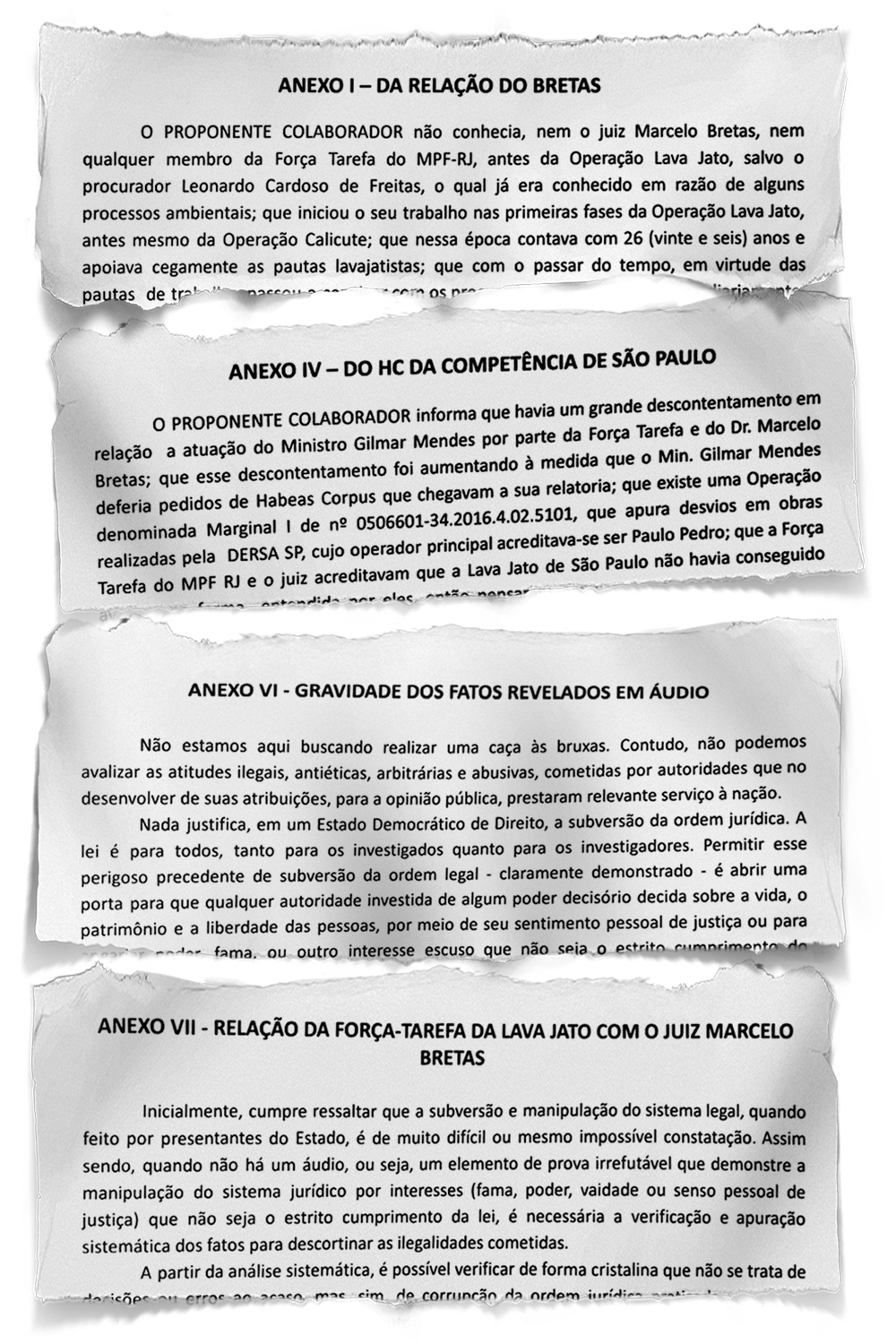ACUSA&Ccedil;&Otilde;ES -&ensp;A dela&ccedil;&atilde;o tem oito anexos que tratam de manobras, combina&ccedil;&otilde;es, estrat&eacute;gias, acordos e negocia&ccedil;&otilde;es ilegais que teriam sido feitas pelo juiz e pelos procuradores da for&ccedil;a-tarefa da Lava-Jato no Rio de Janeiro -