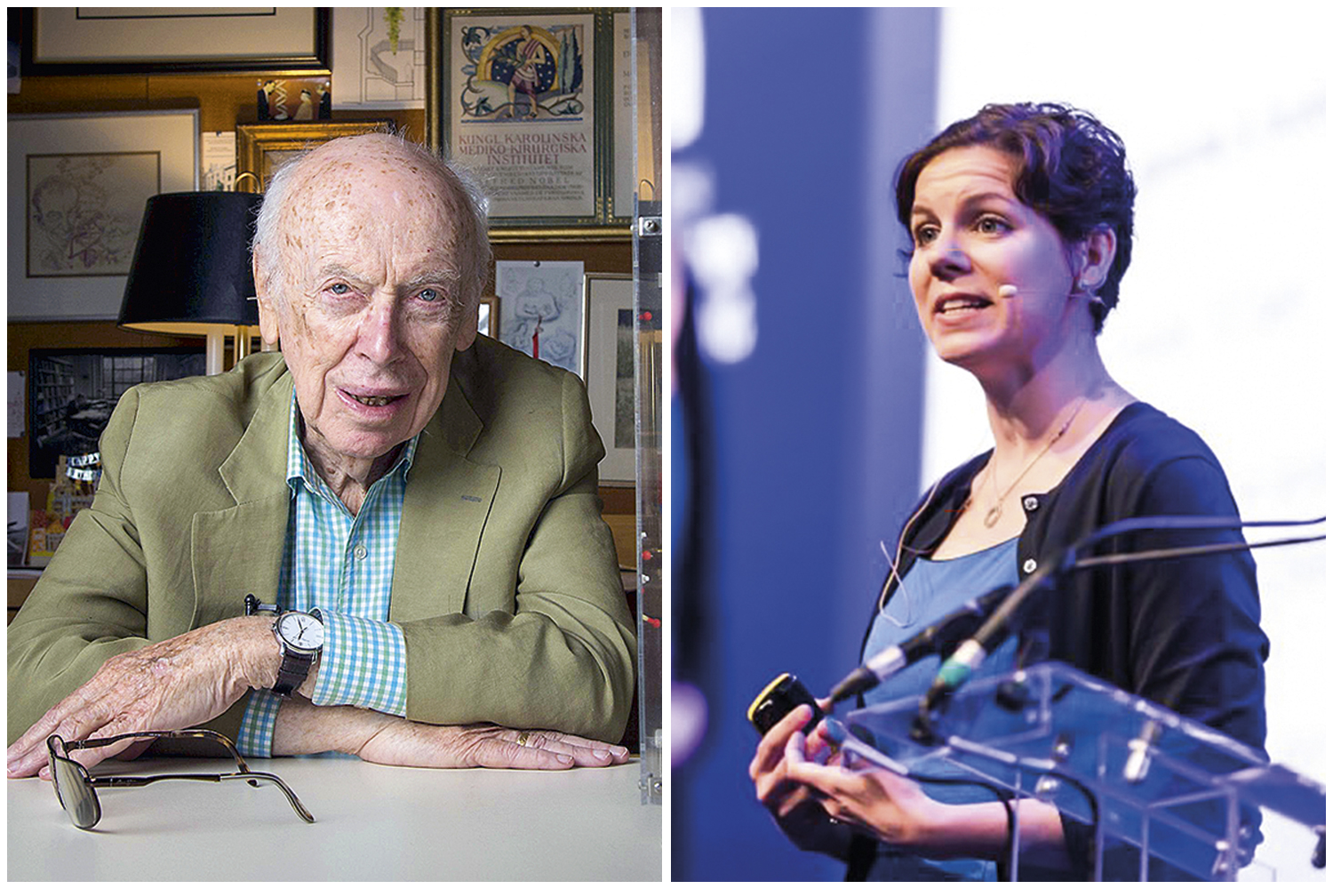 CONQUISTA -&ensp;James Watson, coautor do modelo da mol&eacute;cula de DNA, e a geneticista Karen Miga: inovadores -