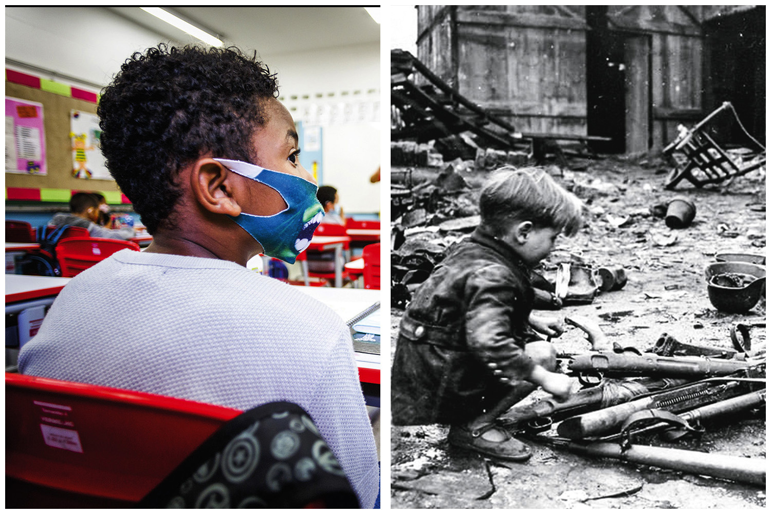 PRESENTE E PASSADO&ensp;aroto na escola (&agrave; esq.) e v&iacute;timas da II Guerra:  nas grandes crises, as crian&ccedil;as sempre s&atilde;o as primeiras a sofrer -