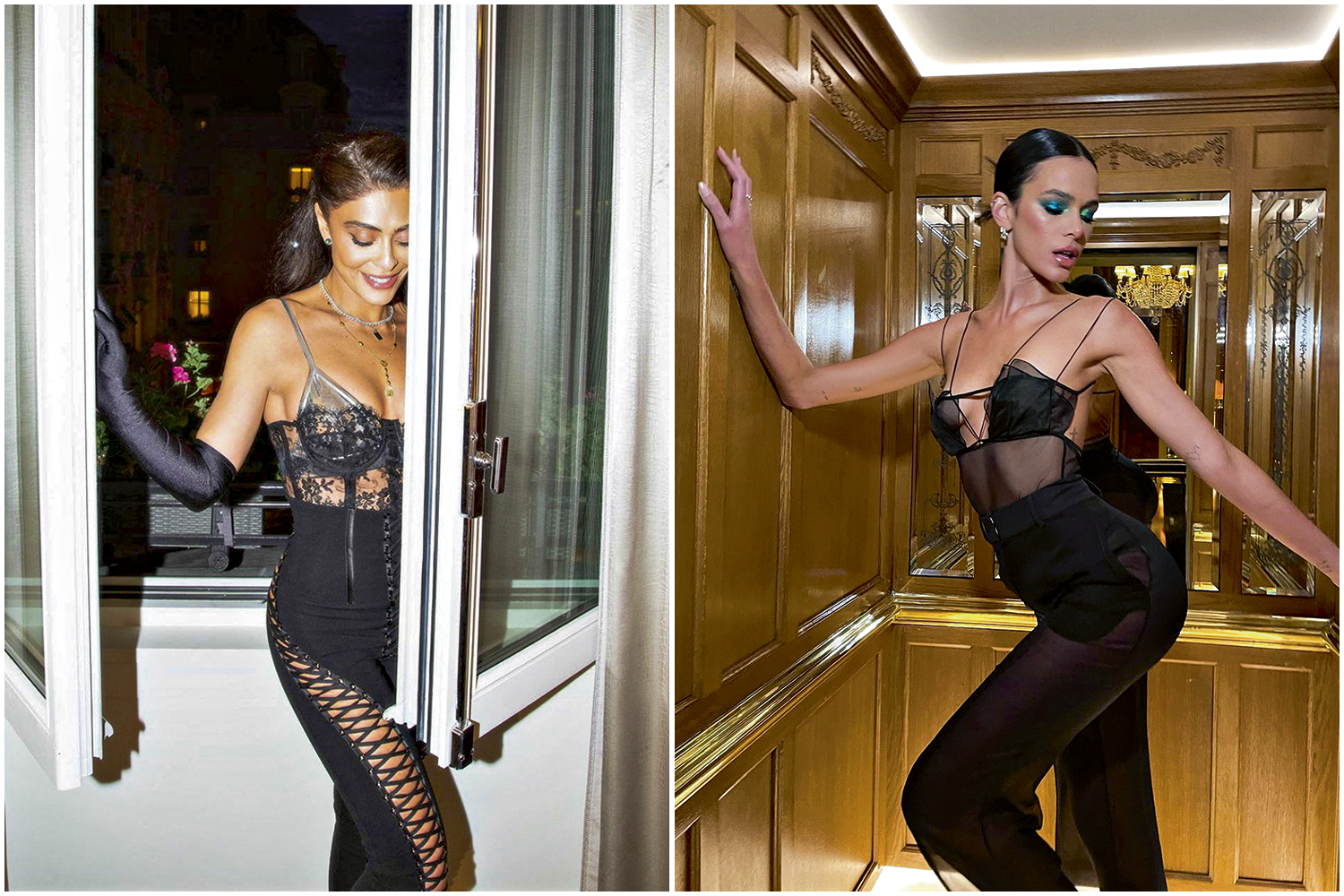 NO CLIMA -&ensp;Curvas em destaque: em Paris, as atrizes Juliana Paes e Bruna Marquezine investiram no look mais insinuante -