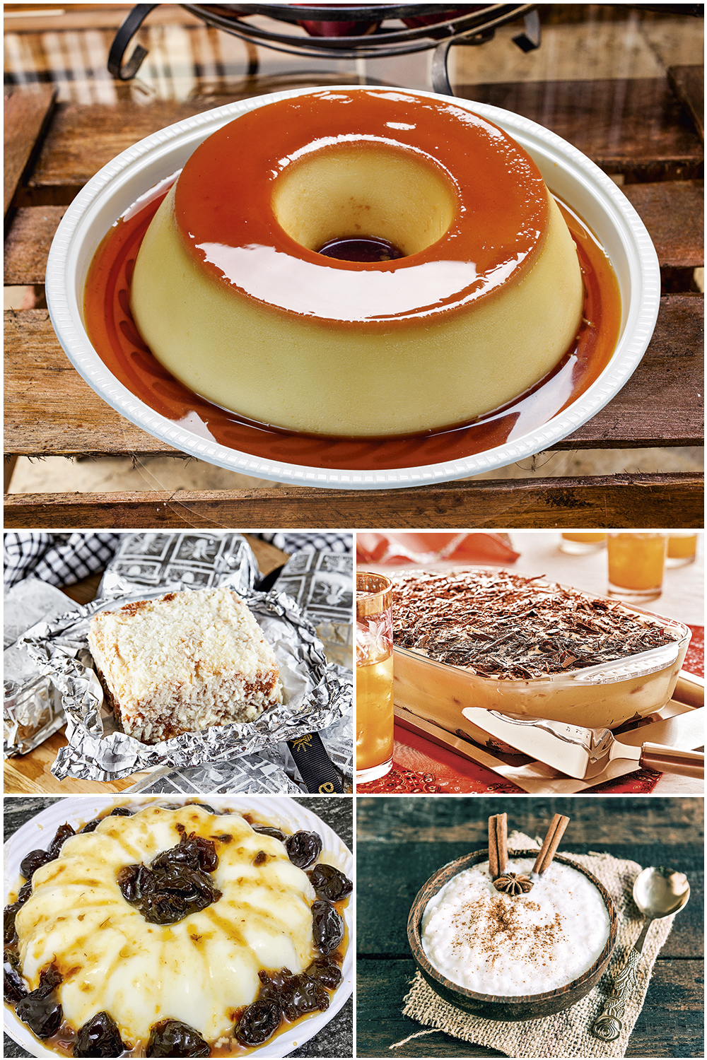 VOV&Oacute; FAZIA -&ensp;Pudim de leite (no topo) e, no sentido hor&aacute;rio, pav&ecirc;, arroz-doce com canela em pau como enfeite, manjar e bolo felpudo em papel de alum&iacute;nio: as incertezas despertadas pela pandemia levaram muita gente a procurar conforto no consumo de pratos associados a lembran&ccedil;as da inf&acirc;ncia -