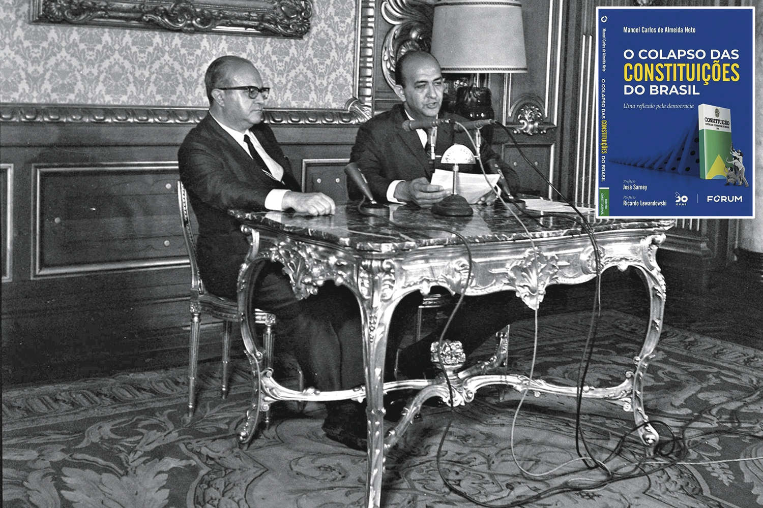 CARTA DE CHUMBO&ensp;- Gama e Silva: o ministro da Justi&ccedil;a (&agrave; esq.) ouve um locutor anunciar os termos do AI-5, imposi&ccedil;&atilde;o da ditadura militar que criou uma &ldquo;Constitui&ccedil;&atilde;o paralela&rdquo;, como retrata o livro de Almeida Neto (acima) -
