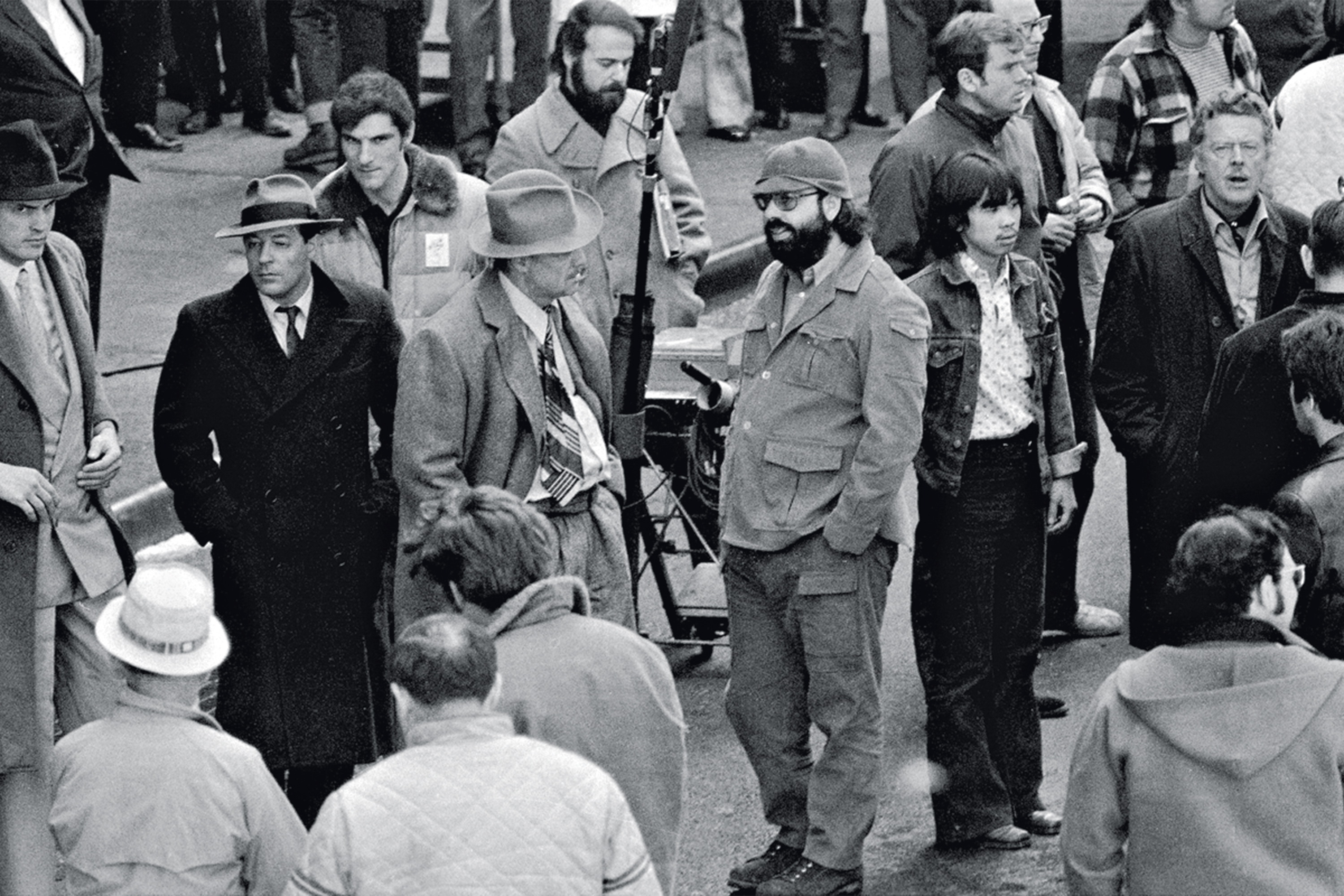 Making of movie The Godfather on Mott Street in Manhattan. Marlon Brando and Francis Ford Coppola talks about the scene where Marlon Brando plays Don Corleone in the movie and is gunned down outside Genco Olive Oil. (Photo By: Anthony Pescatore/NY Daily News via Getty Images)