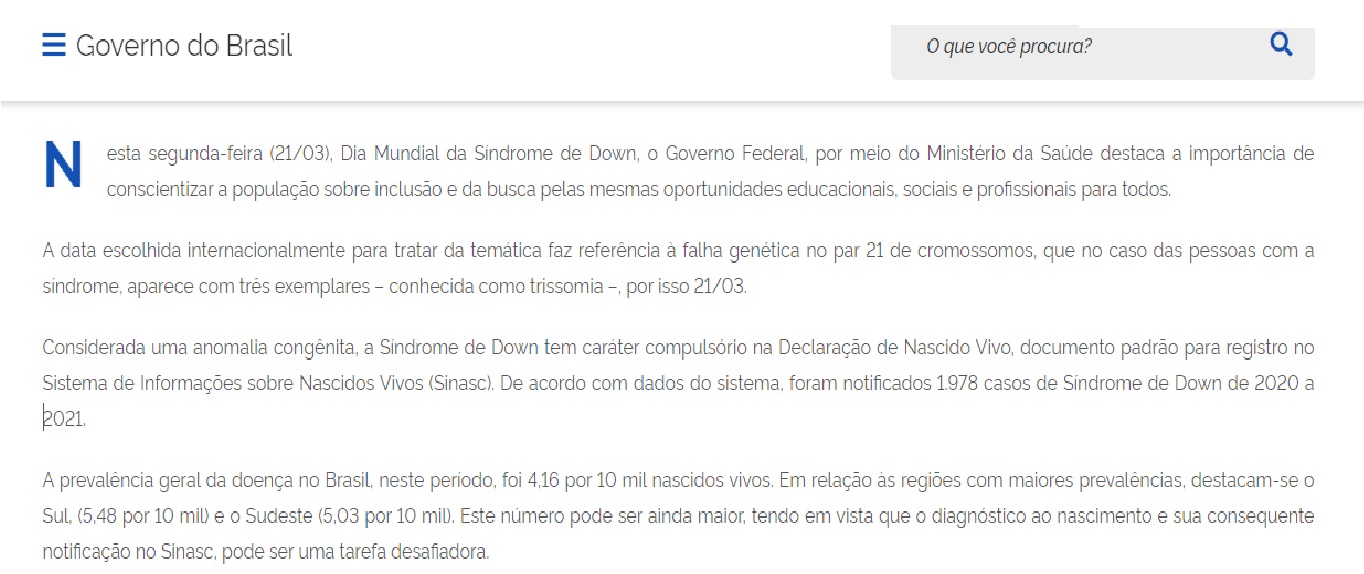 Site do Minist&eacute;rio da Sa&uacute;de trata S&iacute;ndrome de Down como Doen&ccedil;a
