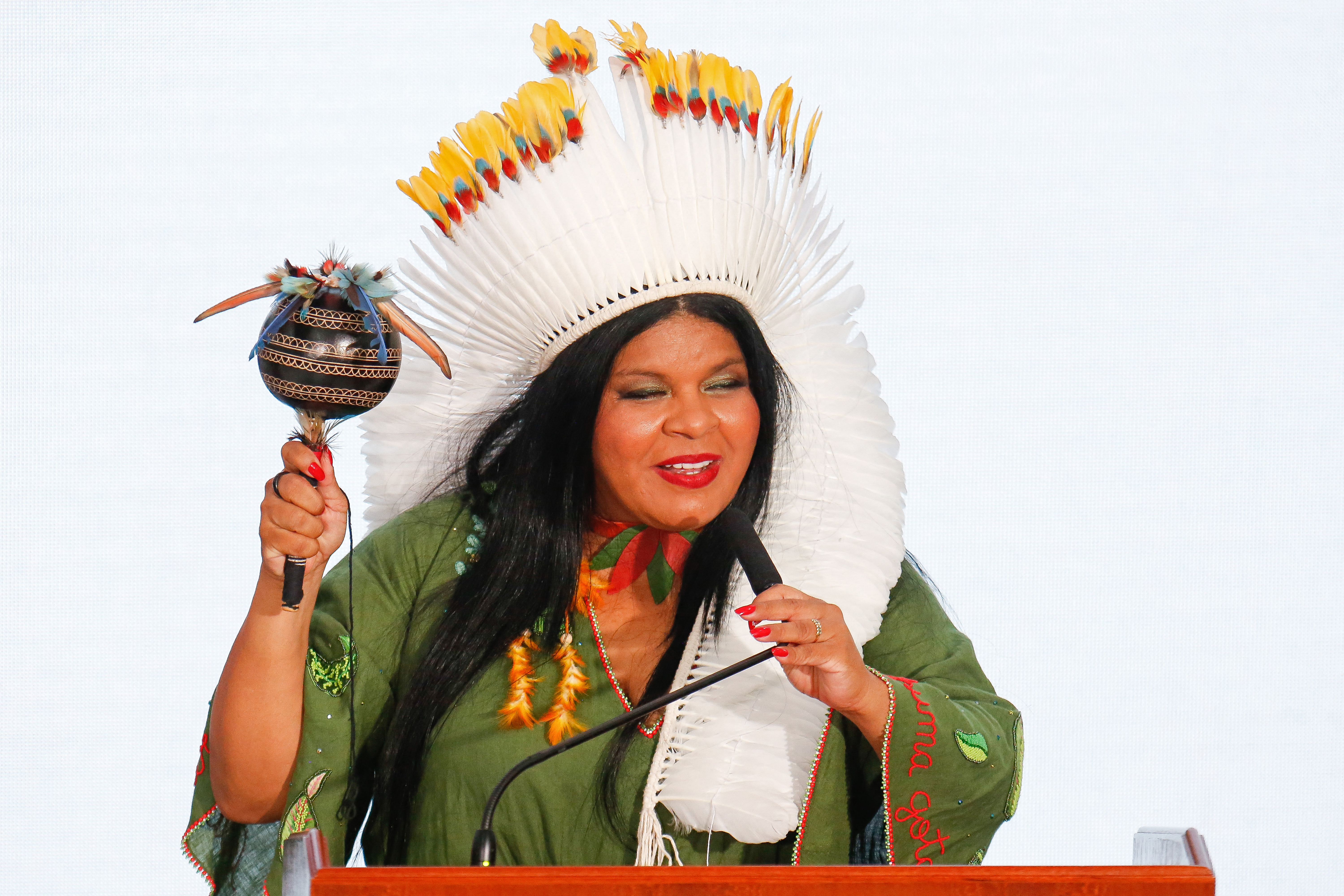 Brazilian new Minister of Indigenous People, Sonia Guajajara, delivers a speech during her swearing-in ceremony at the Planalto Palace in Brasilia, on January 11, 2023. (Photo by Sergio Lima / AFP)
