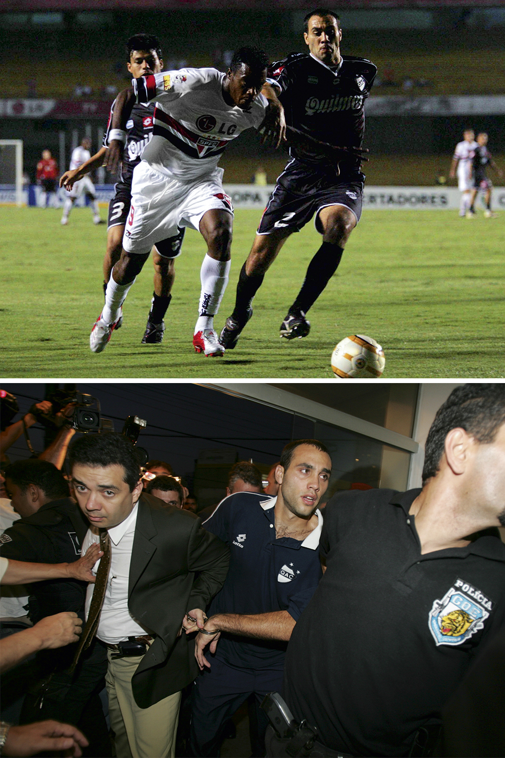 A PRIMEIRA PRIS&Atilde;O - Em um dos primeiros atos de puni&ccedil;&atilde;o por racismo no futebol, o ex-zagueiro argentino Leandro Des&aacute;bato (com algemas) foi preso ap&oacute;s s&eacute;rie de ofensas racistas contra o atacante s&atilde;o-paulino Edinaldo &ldquo;Grafite&rdquo; Lib&acirc;nio durante a Copa Libertadores de 2005. Des&aacute;bato passou duas noites na pris&atilde;o. Voltou para a Argentina ap&oacute;s pagar fian&ccedil;a de 10&thinsp;000 reais