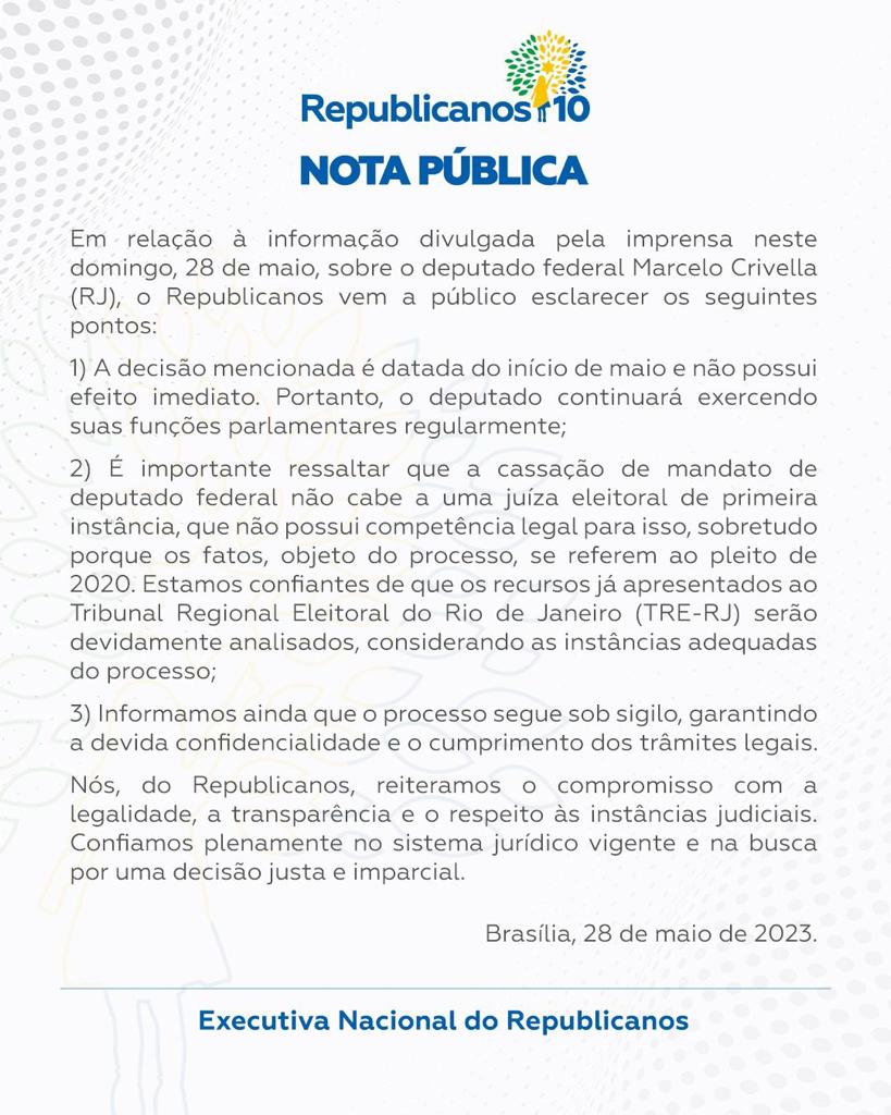 Nota do partido sobre a cassa&ccedil;&atilde;o de Crivella