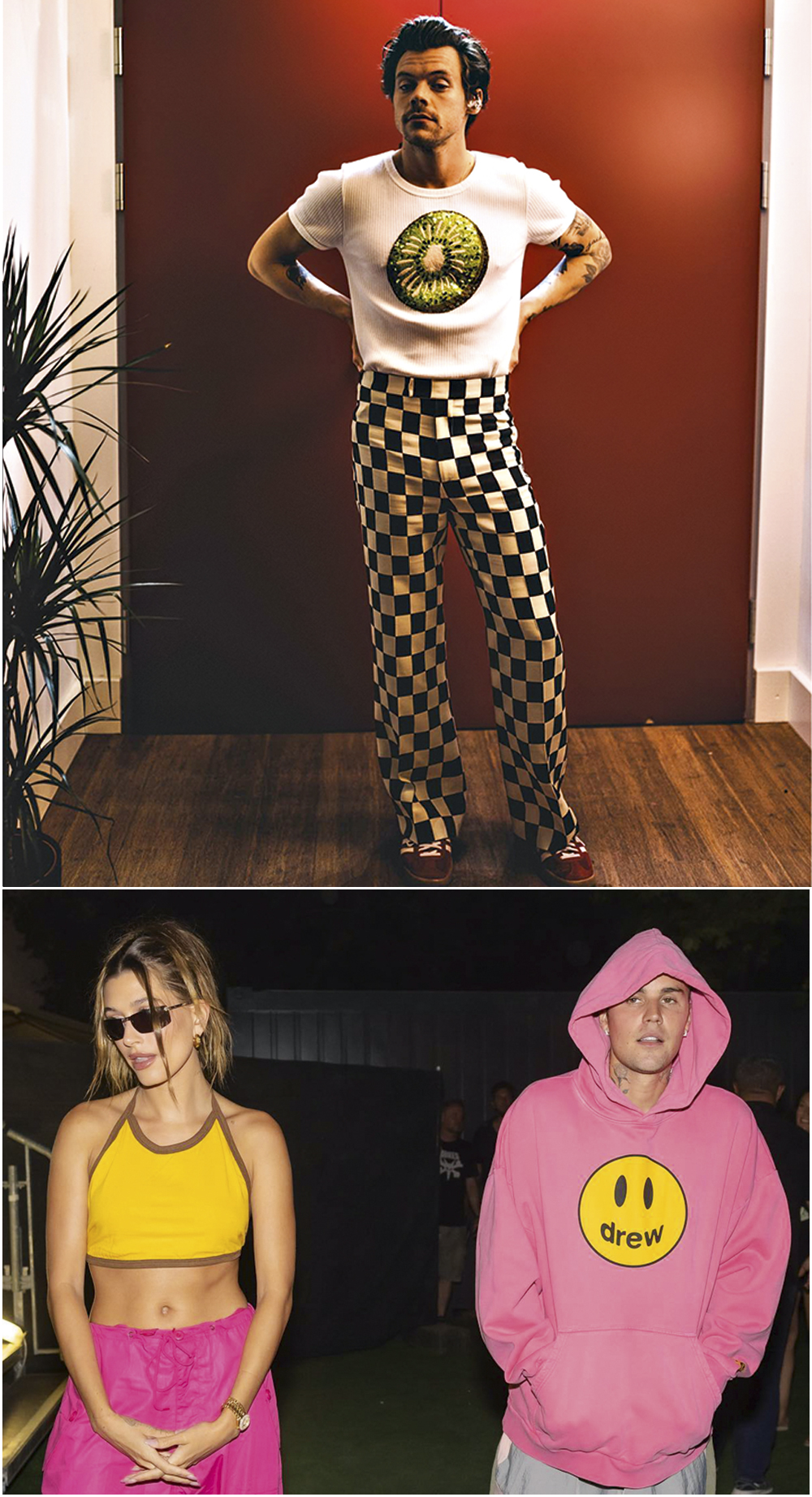 VIDA REAL -&ensp;Ecl&eacute;ticos fora das telas: Harry Styles (acima) e Justin Bieber, com Hailey Bieber, exibem tend&ecirc;ncia