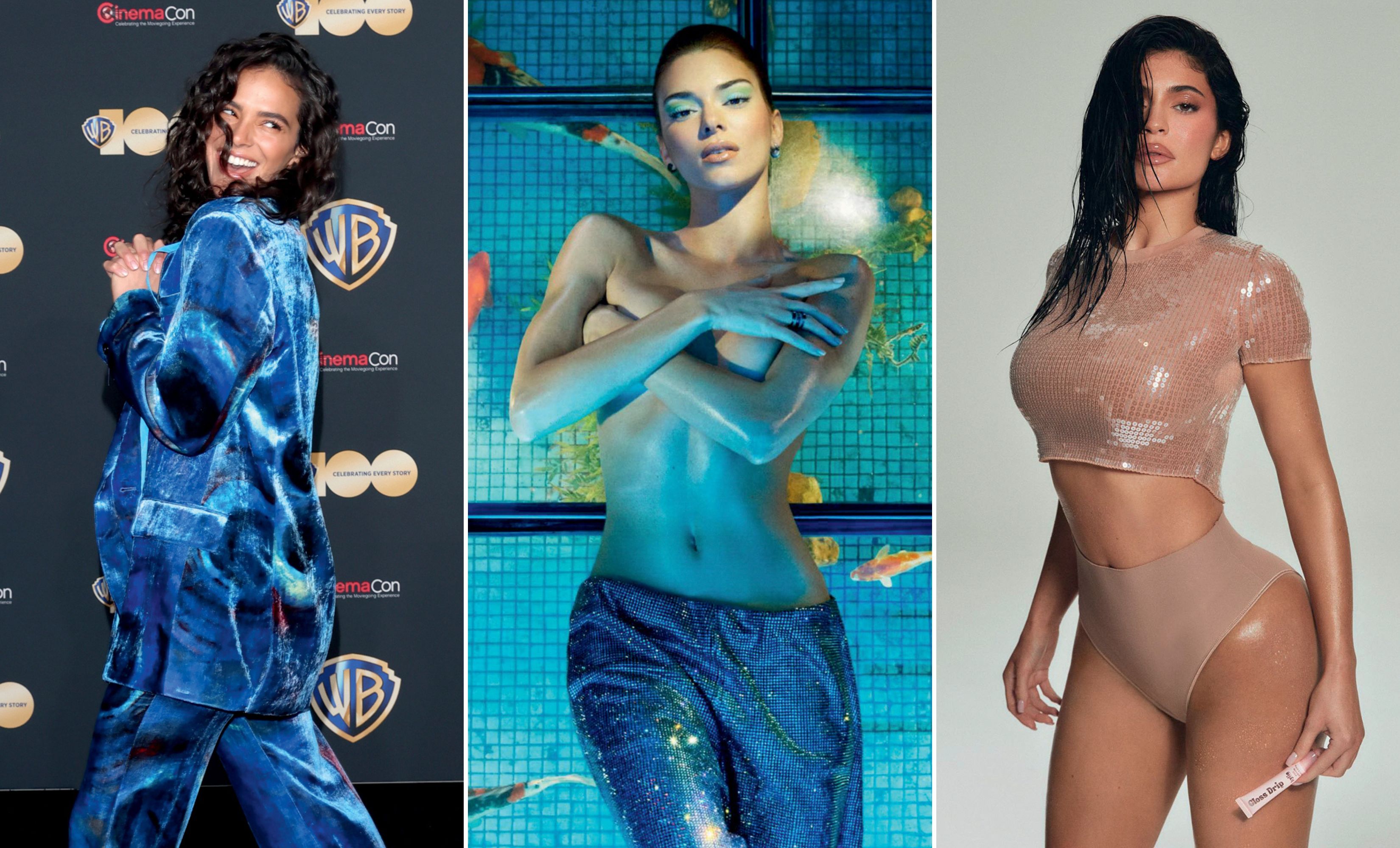 TROMPE l&rsquo;OEIL&ensp;- Bruna Marquezine de veludo azul (&agrave; esq.), Kendall e Kylie Jenner: o estilo encharcado como tend&ecirc;ncia