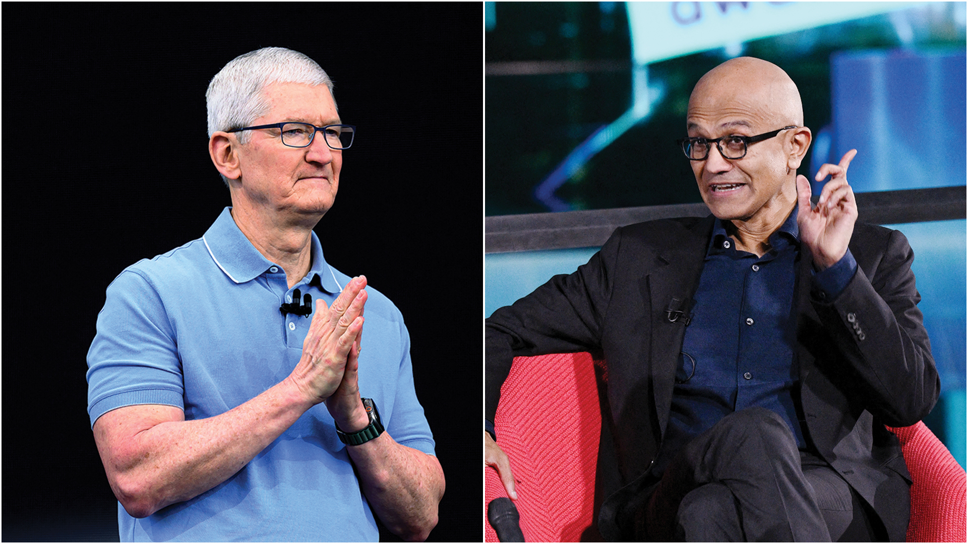 LIDERAN&Ccedil;A -&ensp;Cook (&agrave; esq.), CEO da Apple, e Nadella, da Microsoft: corrida pela IA