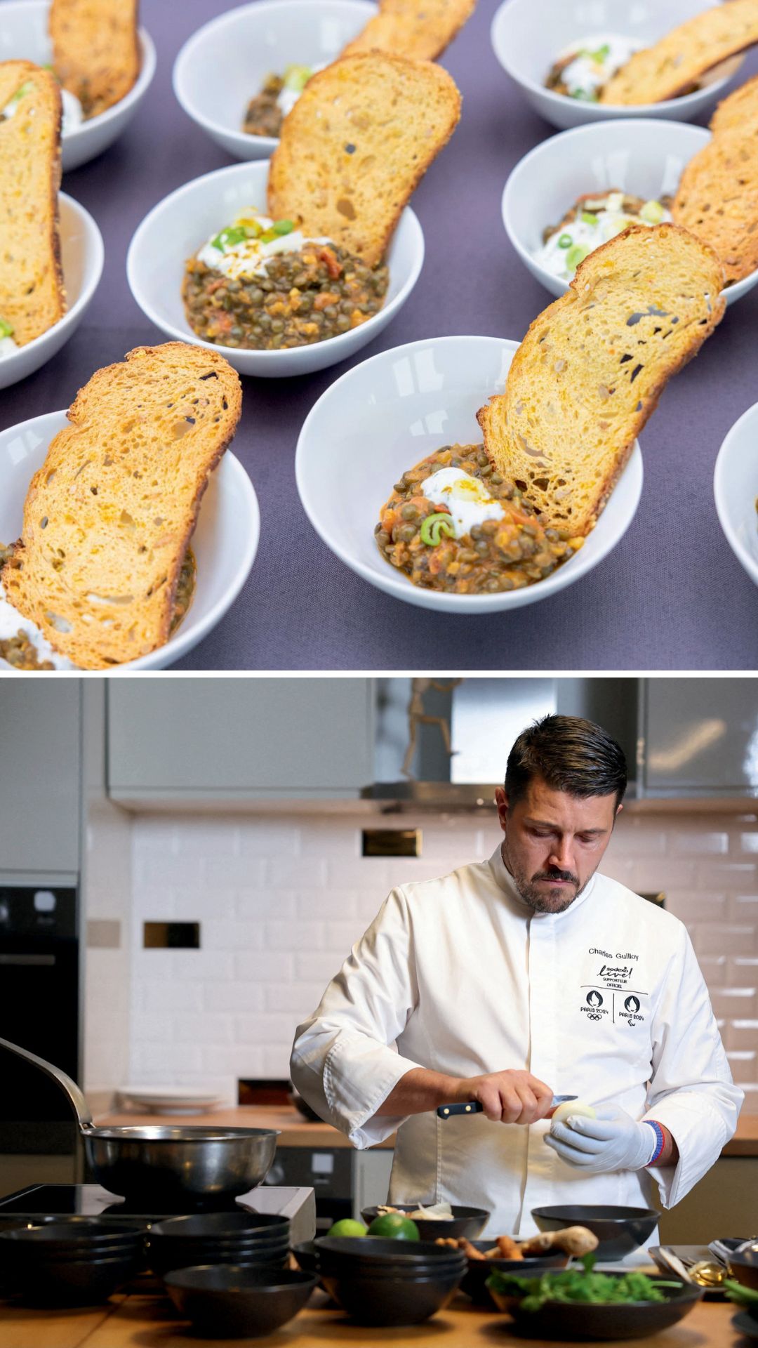 BOM PARA A ALMA E O CORPO -&ensp;O dahl de lentilhas verdes cozidas com iogurte &agrave; base de coentro de Charles Guilloy (abaixo), o chef&atilde;o do refeit&oacute;rio: zelo nutritivo