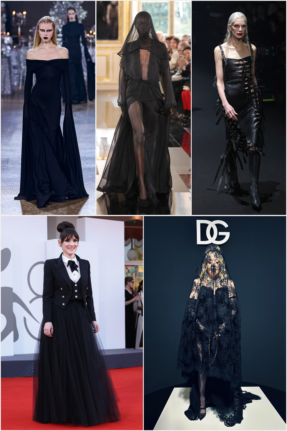 EM TODO LUGAR - Desfiles da Rodarte, Valentino e Mugler (acima, da esq. para a dir.), a atriz Winona Ryder (abaixo, &agrave; esq.), no Festival de Cinema de Veneza, e Madonna, no desfile da Dolce & Gabbana, em Mil&atilde;o: visual domina tanto as passarelas das semanas de moda quanto os tapetes vermelhos dos pr&ecirc;mios