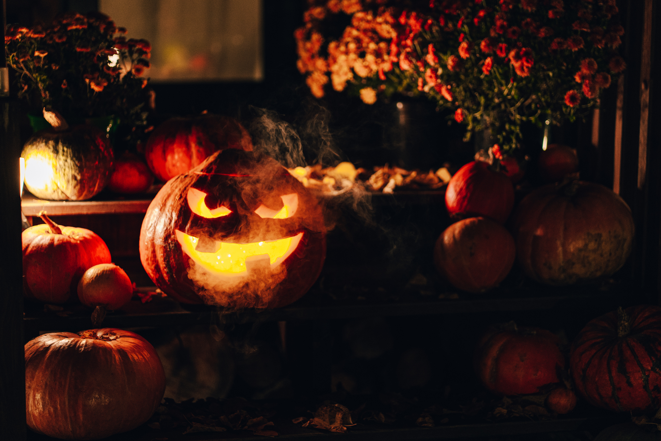 Halloween pumpkin emitting smoke surrounded by pumpkins and flowers