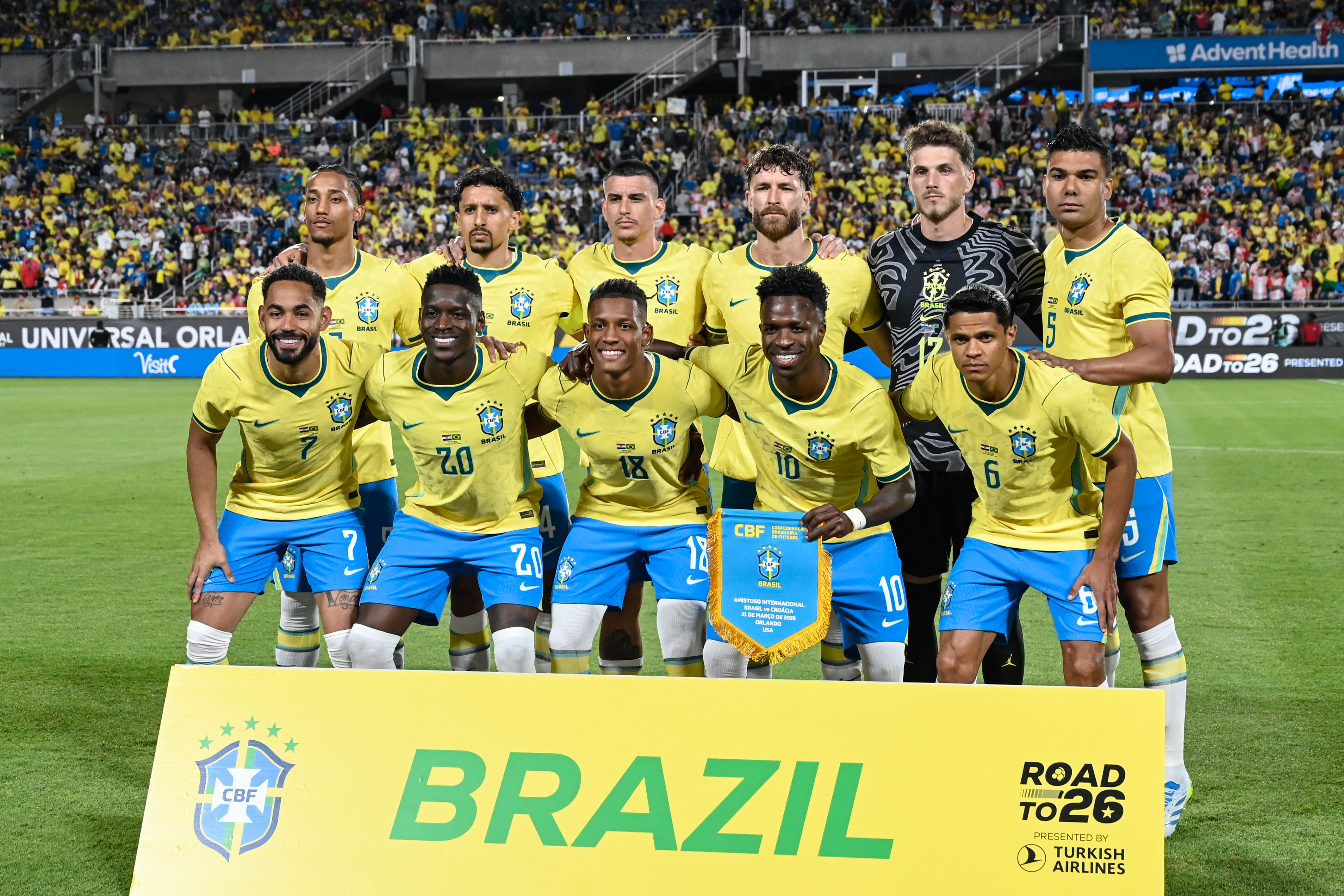 ORLANDO, FLORIDA - MARCH 31: Players of Brazil pose before the international friendly match between Brazil and Croatia at Camping World Stadium on March 31, 2026 in Orlando, Florida. (Photo by Andre Ricardo/Sports Press Photo/Getty Images)